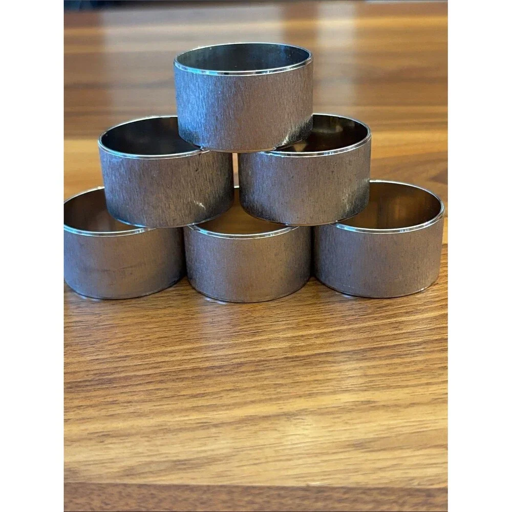 Silver Tone Brushed Metal Textured Set of 6 Napkin Rings 1”